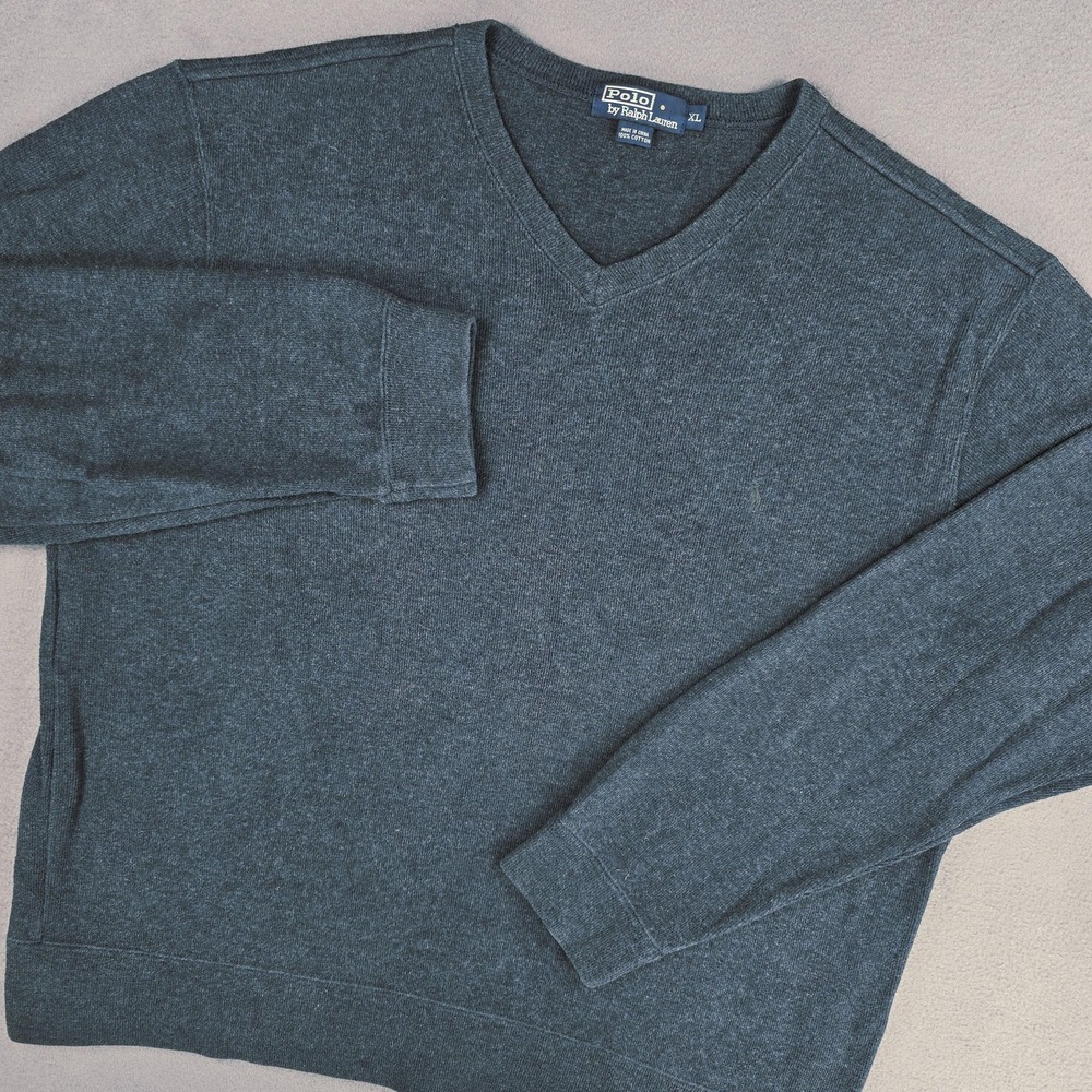 Polo Ralph Lauren Sweater Mens XL Blue V Neck 100% Cotton Knit Pullover Casual